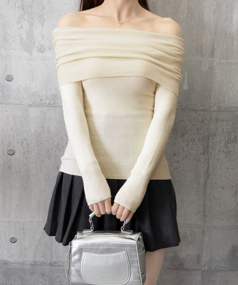 ワイドオフショルダーニットトップス肩出し リブニット レディース セクシー タイトニット フェミニン 長袖ニットプルオーバー 肩見せ 無地ニットセーター きれいめ 92KN-005