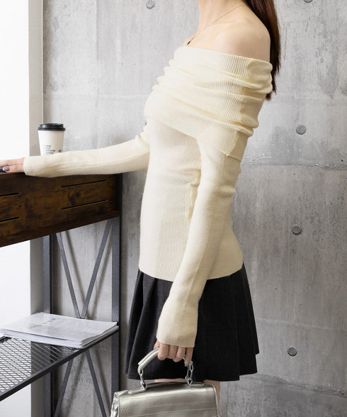 ワイドオフショルダーニットトップス肩出し リブニット レディース セクシー タイトニット フェミニン 長袖ニットプルオーバー 肩見せ 無地ニットセーター きれいめ 92KN-005