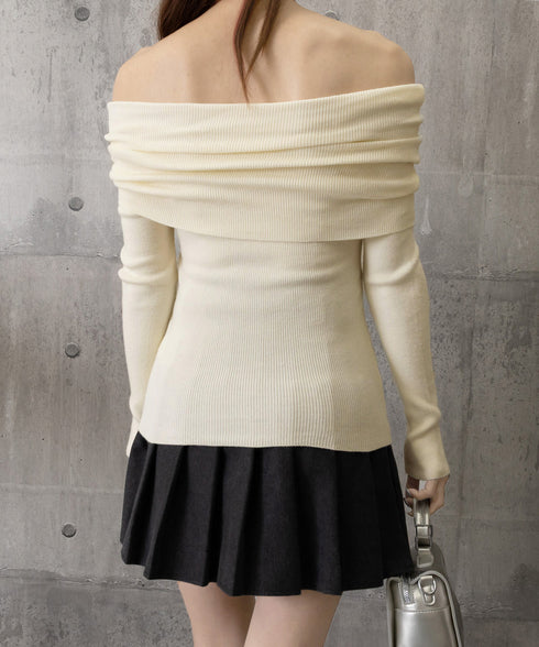 ワイドオフショルダーニットトップス肩出し リブニット レディース セクシー タイトニット フェミニン 長袖ニットプルオーバー 肩見せ 無地ニットセーター きれいめ 92KN-005