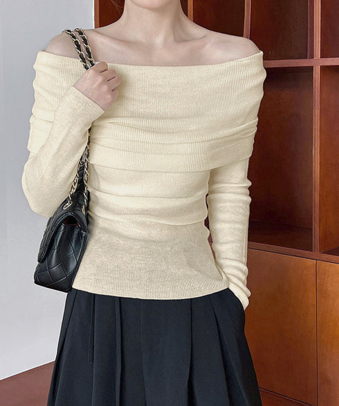 ワイドオフショルダーニットトップス肩出し リブニット レディース セクシー タイトニット フェミニン 長袖ニットプルオーバー 肩見せ 無地ニットセーター きれいめ 92KN-005
