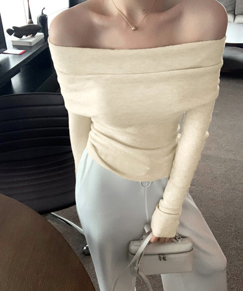 ワイドオフショルダーニットトップス肩出し リブニット レディース セクシー タイトニット フェミニン 長袖ニットプルオーバー 肩見せ 無地ニットセーター きれいめ 92KN-005