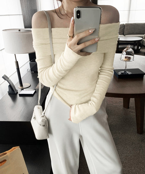 ワイドオフショルダーニットトップス肩出し リブニット レディース セクシー タイトニット フェミニン 長袖ニットプルオーバー 肩見せ 無地ニットセーター きれいめ 92KN-005