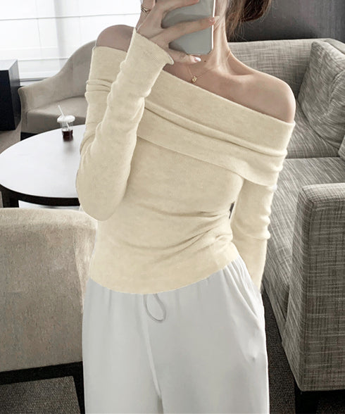 ワイドオフショルダーニットトップス肩出し リブニット レディース セクシー タイトニット フェミニン 長袖ニットプルオーバー 肩見せ 無地ニットセーター きれいめ 92KN-005