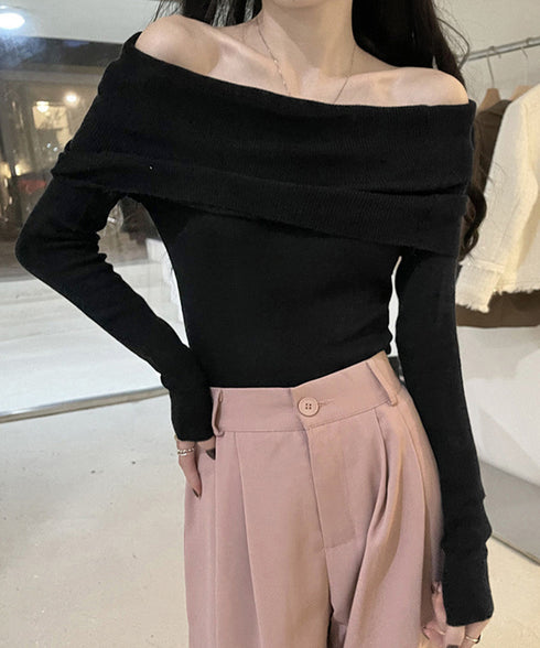 ワイドオフショルダーニットトップス肩出し リブニット レディース セクシー タイトニット フェミニン 長袖ニットプルオーバー 肩見せ 無地ニットセーター きれいめ 92KN-005
