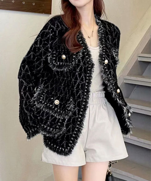 ツイード風ニットジャケットレディース上品 ラメ糸ニットカーディガン ミンク風ライトアウターきれいめパールボタン 秋冬ニットブルゾン大人可愛い ノーカラージャケット 92KN-006