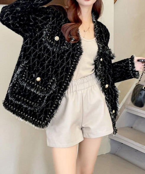 ツイード風ニットジャケットレディース上品 ラメ糸ニットカーディガン ミンク風ライトアウターきれいめパールボタン 秋冬ニットブルゾン大人可愛い ノーカラージャケット 92KN-006