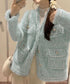 ツイード風ニットジャケットレディース上品 ラメ糸ニットカーディガン ミンク風ライトアウターきれいめパールボタン 秋冬ニットブルゾン大人可愛い ノーカラージャケット 92KN-006