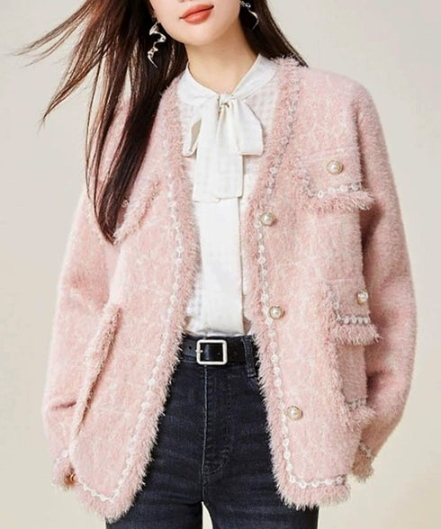 ツイード風ニットジャケットレディース上品 ラメ糸ニットカーディガン ミンク風ライトアウターきれいめパールボタン 秋冬ニットブルゾン大人可愛い ノーカラージャケット 92KN-006