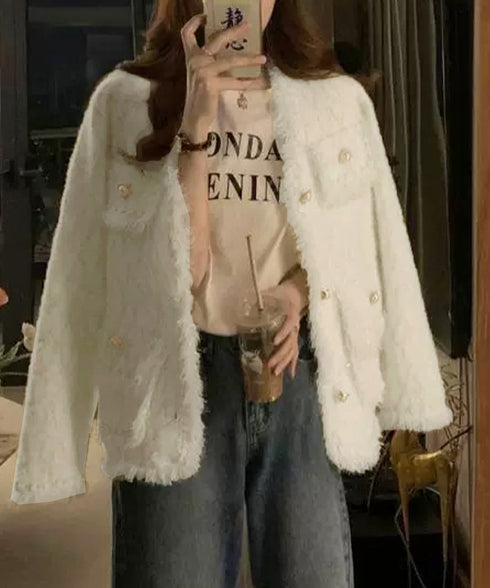 ツイード風ニットジャケットレディース上品 ラメ糸ニットカーディガン ミンク風ライトアウターきれいめパールボタン 秋冬ニットブルゾン大人可愛い ノーカラージャケット 92KN-006