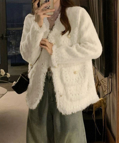 ツイード風ニットジャケットレディース上品 ラメ糸ニットカーディガン ミンク風ライトアウターきれいめパールボタン 秋冬ニットブルゾン大人可愛い ノーカラージャケット 92KN-006