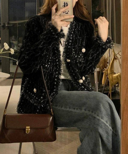 ツイード風ニットジャケットレディース上品 ラメ糸ニットカーディガン ミンク風ライトアウターきれいめパールボタン 秋冬ニットブルゾン大人可愛い ノーカラージャケット 92KN-006