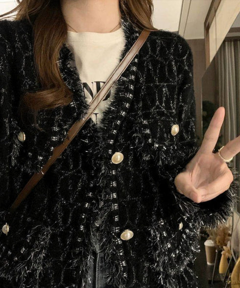 ツイード風ニットジャケットレディース上品 ラメ糸ニットカーディガン ミンク風ライトアウターきれいめパールボタン 秋冬ニットブルゾン大人可愛い ノーカラージャケット 92KN-006
