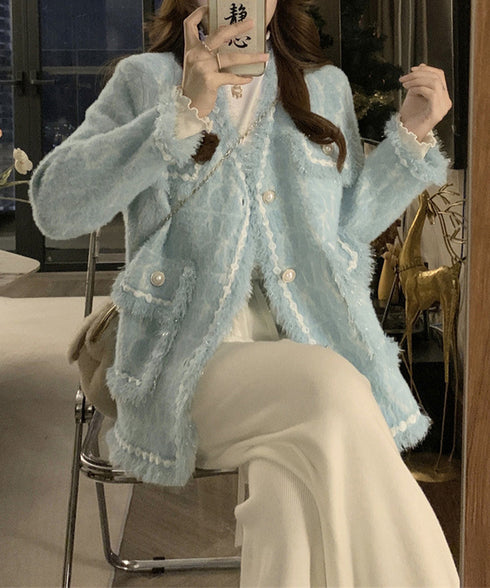 ツイード風ニットジャケットレディース上品 ラメ糸ニットカーディガン ミンク風ライトアウターきれいめパールボタン 秋冬ニットブルゾン大人可愛い ノーカラージャケット 92KN-006