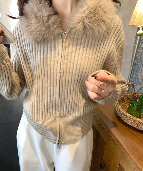 ファー襟ニットカーディガン ダブルジップ レディース おしゃれ エコファー襟リブニットトップス 首元あったかニットセーター カジュアル ジップアップニットアウター 92KNFS-001
