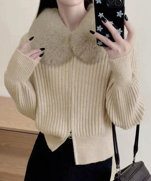 ファー襟ニットカーディガン ダブルジップ レディース おしゃれ エコファー襟リブニットトップス 首元あったかニットセーター カジュアル ジップアップニットアウター 92KNFS-001