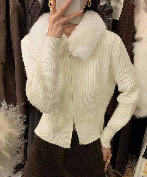 ファー襟ニットカーディガン ダブルジップ レディース おしゃれ エコファー襟リブニットトップス 首元あったかニットセーター カジュアル ジップアップニットアウター 92KNFS-001