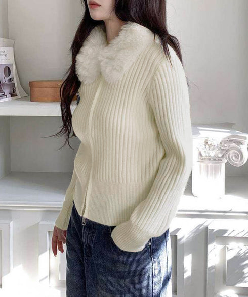 ファー襟ニットカーディガン ダブルジップ レディース おしゃれ エコファー襟リブニットトップス 首元あったかニットセーター カジュアル ジップアップニットアウター 92KNFS-001