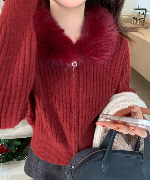 ファー襟ニットカーディガン ダブルジップ レディース おしゃれ エコファー襟リブニットトップス 首元あったかニットセーター カジュアル ジップアップニットアウター 92KNFS-001