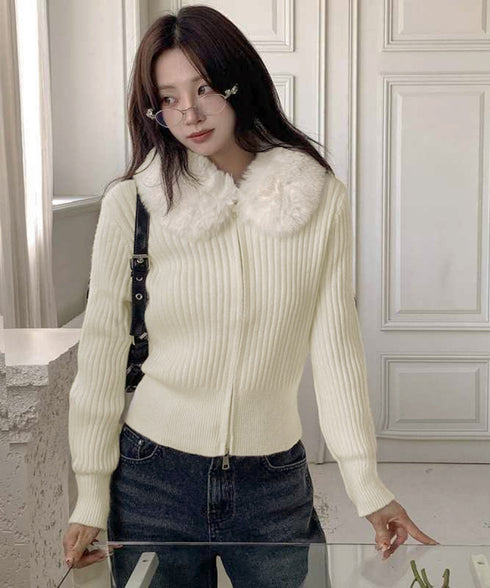 ファー襟ニットカーディガン ダブルジップ レディース おしゃれ エコファー襟リブニットトップス 首元あったかニットセーター カジュアル ジップアップニットアウター 92KNFS-001