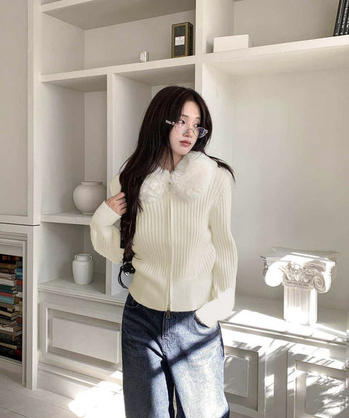 ファー襟ニットカーディガン ダブルジップ レディース おしゃれ エコファー襟リブニットトップス 首元あったかニットセーター カジュアル ジップアップニットアウター 92KNFS-001