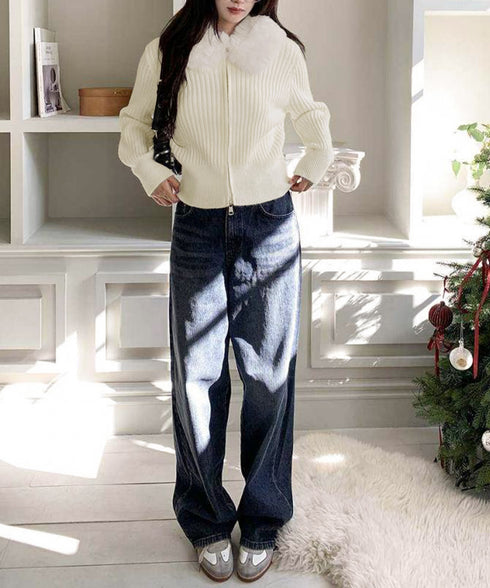 ファー襟ニットカーディガン ダブルジップ レディース おしゃれ エコファー襟リブニットトップス 首元あったかニットセーター カジュアル ジップアップニットアウター 92KNFS-001