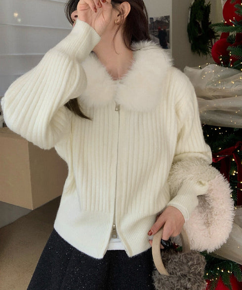 ファー襟ニットカーディガン ダブルジップ レディース おしゃれ エコファー襟リブニットトップス 首元あったかニットセーター カジュアル ジップアップニットアウター 92KNFS-001