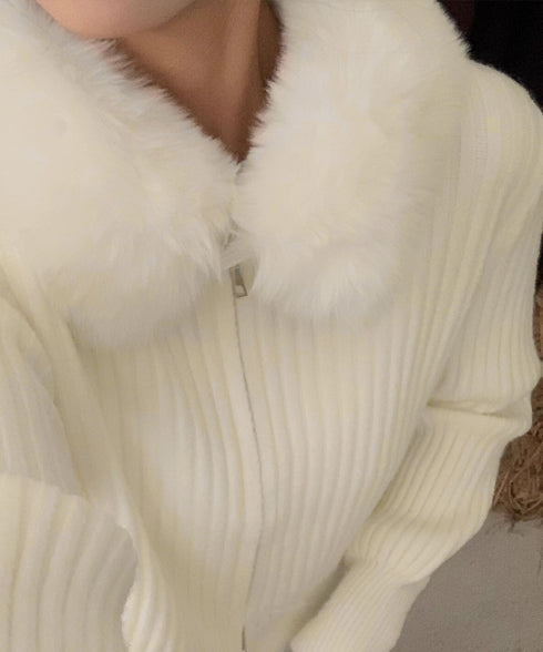 ファー襟ニットカーディガン ダブルジップ レディース おしゃれ エコファー襟リブニットトップス 首元あったかニットセーター カジュアル ジップアップニットアウター 92KNFS-001