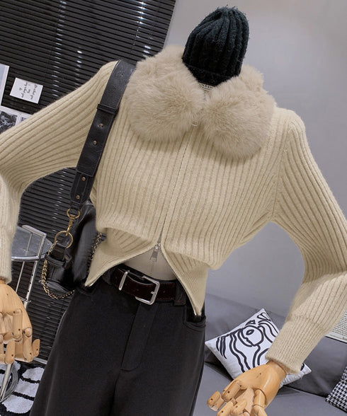 ファー襟ニットカーディガン ダブルジップ レディース おしゃれ エコファー襟リブニットトップス 首元あったかニットセーター カジュアル ジップアップニットアウター 92KNFS-001