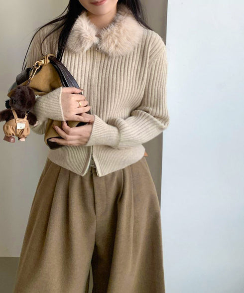 ファー襟ニットカーディガン ダブルジップ レディース おしゃれ エコファー襟リブニットトップス 首元あったかニットセーター カジュアル ジップアップニットアウター 92KNFS-001