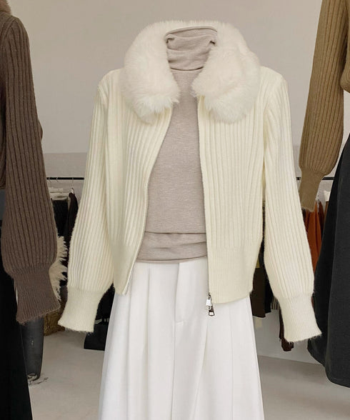 ファー襟ニットカーディガン ダブルジップ レディース おしゃれ エコファー襟リブニットトップス 首元あったかニットセーター カジュアル ジップアップニットアウター 92KNFS-001