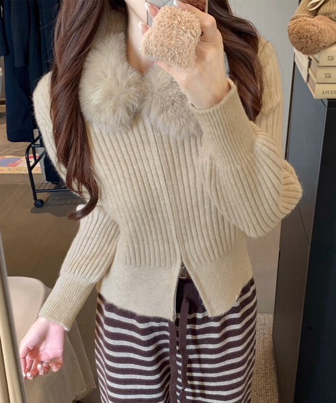ファー襟ニットカーディガン ダブルジップ レディース おしゃれ エコファー襟リブニットトップス 首元あったかニットセーター カジュアル ジップアップニットアウター 92KNFS-001
