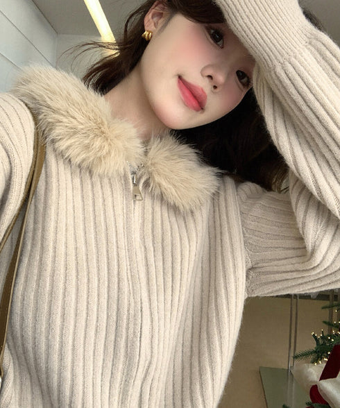 ファー襟ニットカーディガン ダブルジップ レディース おしゃれ エコファー襟リブニットトップス 首元あったかニットセーター カジュアル ジップアップニットアウター 92KNFS-001