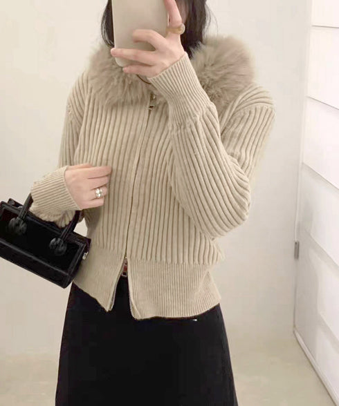 ファー襟ニットカーディガン ダブルジップ レディース おしゃれ エコファー襟リブニットトップス 首元あったかニットセーター カジュアル ジップアップニットアウター 92KNFS-001