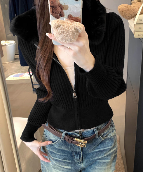 ファー襟ニットカーディガン ダブルジップ レディース おしゃれ エコファー襟リブニットトップス 首元あったかニットセーター カジュアル ジップアップニットアウター 92KNFS-001