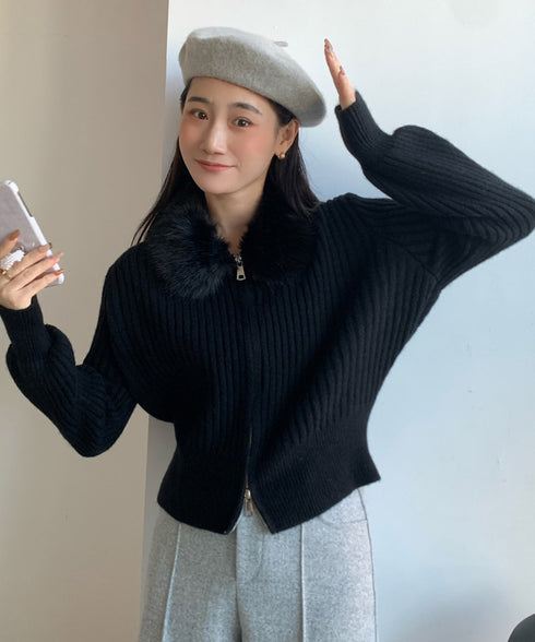 ファー襟ニットカーディガン ダブルジップ レディース おしゃれ エコファー襟リブニットトップス 首元あったかニットセーター カジュアル ジップアップニットアウター 92KNFS-001