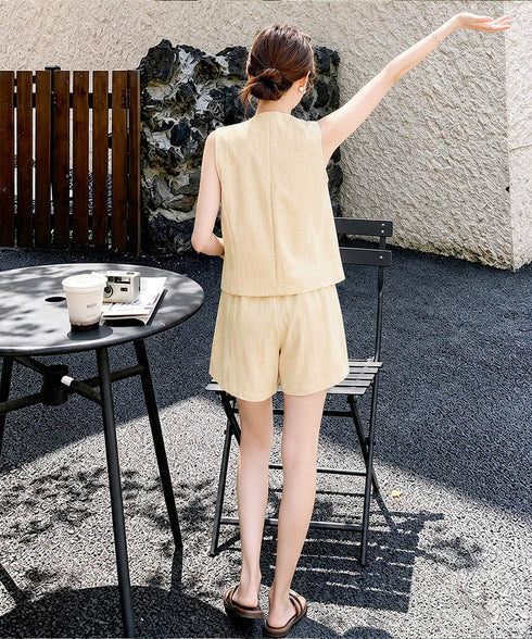 ベストショートパンツセットアップ 韓国風 リネンライクセットアップ ノースリーブトップス Vネックベスト 春夏セットチョッキ無地 お洒落上下セット脚長ワイドパンツ 92LINGYU-001