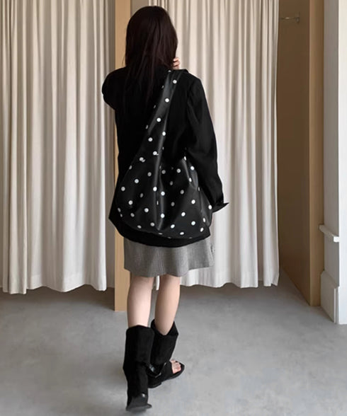 PUホーボーバッグ ドット柄肩掛けバッグ レディース レトロワンショルダーバッグ A4大容量三日月型鞄 きれいめ 大人可愛いフェイクレザーかばん お洒落韓国風鞄 92LL-001