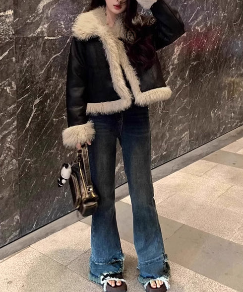 ショートフェイクムートンジャケット韓国風 レディース ボリュームファー 中綿ジャケット高見え 暖かいスエードブルゾン秋冬 こなれ感 あったかショートアウターお洒落 92MEIERS-002