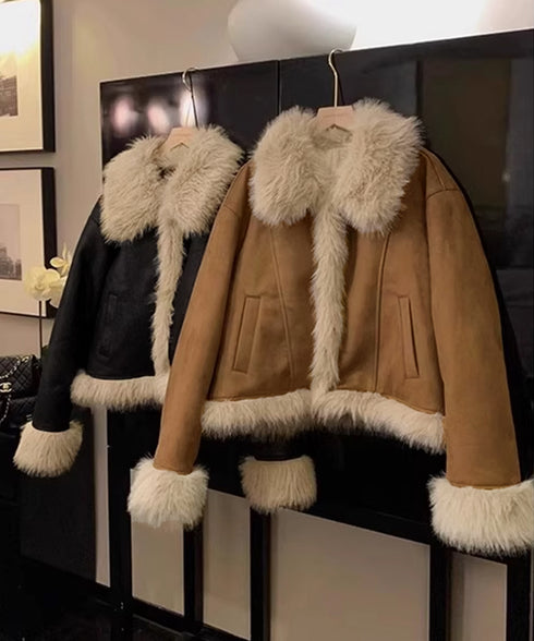 ショートフェイクムートンジャケット韓国風 レディース ボリュームファー 中綿ジャケット高見え 暖かいスエードブルゾン秋冬 こなれ感 あったかショートアウターお洒落 92MEIERS-002