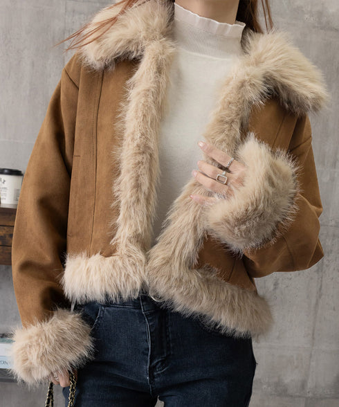 ショートフェイクムートンジャケット韓国風 レディース ボリュームファー 中綿ジャケット高見え 暖かいスエードブルゾン秋冬 こなれ感 あったかショートアウターお洒落 92MEIERS-002