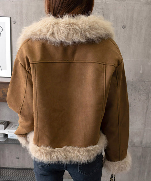 ショートフェイクムートンジャケット韓国風 レディース ボリュームファー 中綿ジャケット高見え 暖かいスエードブルゾン秋冬 こなれ感 あったかショートアウターお洒落 92MEIERS-002