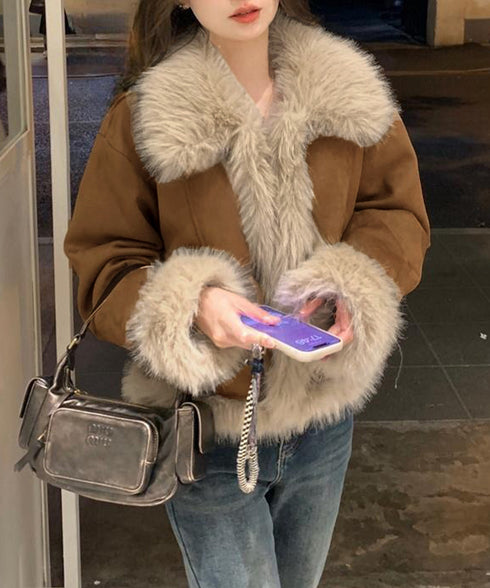 ショートフェイクムートンジャケット韓国風 レディース ボリュームファー 中綿ジャケット高見え 暖かいスエードブルゾン秋冬 こなれ感 あったかショートアウターお洒落 92MEIERS-002