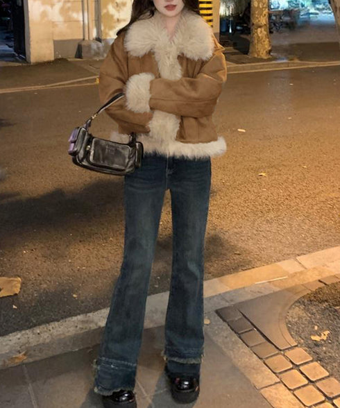 ショートフェイクムートンジャケット韓国風 レディース ボリュームファー 中綿ジャケット高見え 暖かいスエードブルゾン秋冬 こなれ感 あったかショートアウターお洒落 92MEIERS-002