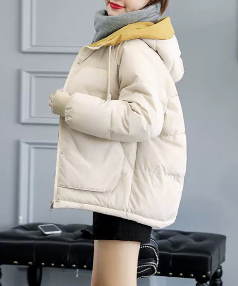 配色フード付き中綿ジャケットレディース冬 バイカラーエコダウンジャケット 韓国風フェイクダウンコート 暖かブルゾン 防寒防風キルティングジャケットフーディアウター 92MINGLI-002