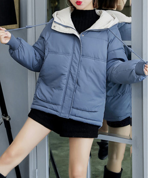 配色フード付き中綿ジャケットレディース冬 バイカラーエコダウンジャケット 韓国風フェイクダウンコート 暖かブルゾン 防寒防風キルティングジャケットフーディアウター 92MINGLI-002