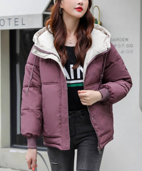 配色フード付き中綿ジャケットレディース冬 バイカラーエコダウンジャケット 韓国風フェイクダウンコート 暖かブルゾン 防寒防風キルティングジャケットフーディアウター 92MINGLI-002