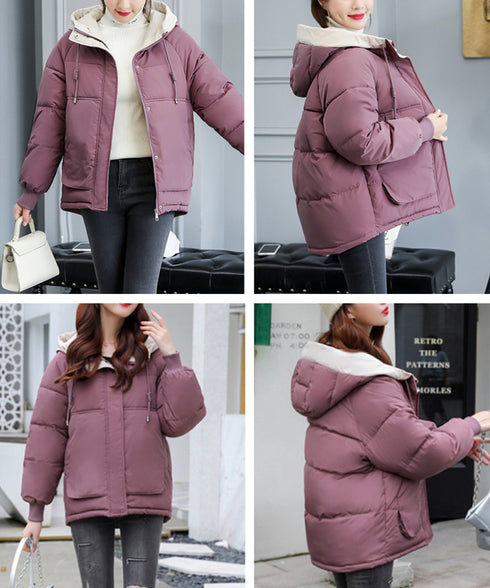 配色フード付き中綿ジャケットレディース冬 バイカラーエコダウンジャケット 韓国風フェイクダウンコート 暖かブルゾン 防寒防風キルティングジャケットフーディアウター 92MINGLI-002