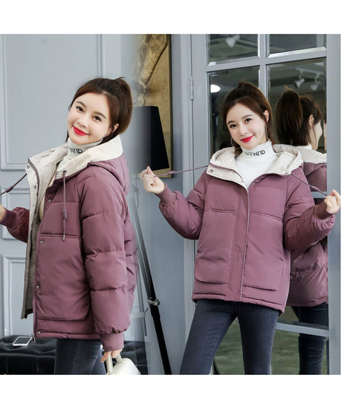 配色フード付き中綿ジャケットレディース冬 バイカラーエコダウンジャケット 韓国風フェイクダウンコート 暖かブルゾン 防寒防風キルティングジャケットフーディアウター 92MINGLI-002