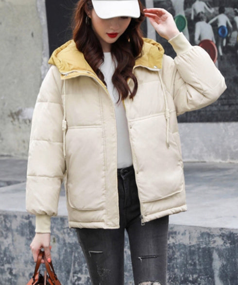 配色フード付き中綿ジャケットレディース冬 バイカラーエコダウンジャケット 韓国風フェイクダウンコート 暖かブルゾン 防寒防風キルティングジャケットフーディアウター 92MINGLI-002