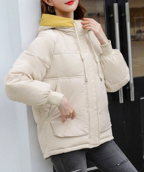配色フード付き中綿ジャケットレディース冬 バイカラーエコダウンジャケット 韓国風フェイクダウンコート 暖かブルゾン 防寒防風キルティングジャケットフーディアウター 92MINGLI-002